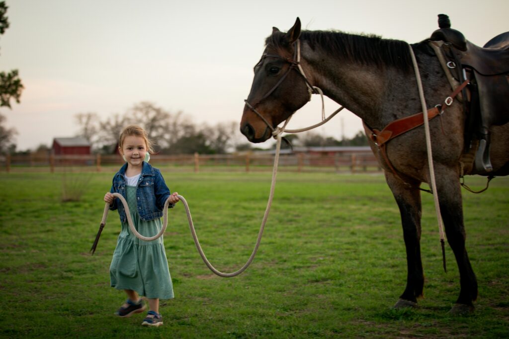 a group of people stand around a horse